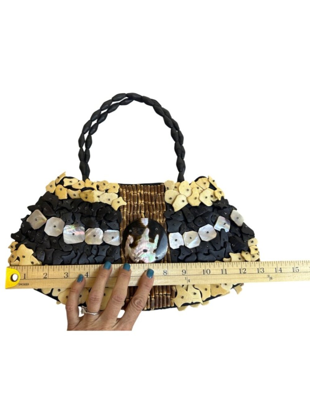 Handmade Woven Bag Black Beige Iridescent Shells Wood Boho Beach Casual Purse - Picture 6 of 11